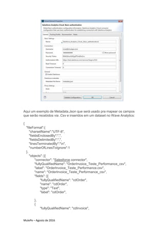 MulePe – Agosto de 2016
Aqui um exemplo de Metadata.Json que será usado pra mapear os campos
que serão recebidos via .Csv e inseridos em um dataset no Wave Analytics:
{
"fileFormat":{
"charsetName":"UTF-8",
"fieldsEnclosedBy":",",
"fieldsDelimitedBy":",",
"linesTerminatedBy":"n",
"numberOfLinesToIgnore":1
},
"objects": [{
"connector": "Salesforce connector",
"fullyQualifiedName": "OrderInvoice_Teste_Performance_csv",
"label": "OrderInvoice_Teste_Performance.csv",
"name": "OrderInvoice_Teste_Performance_csv",
"fields": [{
"fullyQualifiedName": "cdOrder",
"name": "cdOrder",
"type": "Text",
"label": "cdOrder",
},
{
"fullyQualifiedName": "cdInvoice",
 