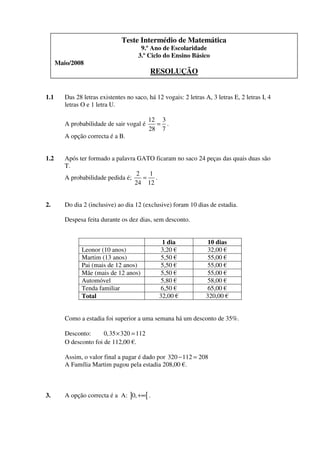 Teste Intermédio de Matemática
Maio/2008

1.1

9.º Ano de Escolaridade
3.º Ciclo do Ensino Básico

RESOLUÇÃO

Das 28 letras existentes no saco, há 12 vogais: 2 letras A, 3 letras E, 2 letras I, 4
letras O e 1 letra U.
A probabilidade de sair vogal é
A opção correcta é a B.

12 3
= .
28 7

1.2

Após ter formado a palavra GATO ficaram no saco 24 peças das quais duas são
T.
2
1
= .
A probabilidade pedida é;
24 12

2.

Do dia 2 (inclusive) ao dia 12 (exclusive) foram 10 dias de estadia.
Despesa feita durante os dez dias, sem desconto.

Leonor (10 anos)
Martim (13 anos)
Pai (mais de 12 anos)
Mãe (mais de 12 anos)
Automóvel
Tenda familiar
Total

1 dia
3,20
5,50
5,50
5,50
5,80
6,50
32,00

10 dias
32,00
55,00
55,00
55,00
58,00
65,00
320,00

Como a estadia foi superior a uma semana há um desconto de 35%.
0,35 × 320 = 112
Desconto:
O desconto foi de 112,00 .
Assim, o valor final a pagar é dado por 320 − 112 = 208
A Família Martim pagou pela estadia 208,00 .

3.

A opção correcta é a A: ]0, +∞[ .

 