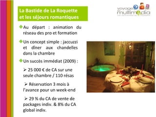 La Bastide de La Roquette  et les séjours romantiques Un concept simple : jaccuzzi et dîner aux chandelles dans la chambre Un succès immédiat (2009) :    25 000 € de CA sur une seule chambre / 110 résas      Réservation 3 mois à l’avance pour un week-end      29 % du CA de vente de packages indiv. & 8% du CA global indiv. Au départ : animation du réseau des pro et formation 