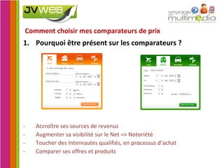 Comment choisir mes comparateurs de prix Pourquoi être présent sur les comparateurs ? Accroître ses sources de revenus  Augmenter sa visibilité sur le Net => Notoriété Toucher des Internautes qualifiés, en processus d’achat Comparer ses offres et produits 