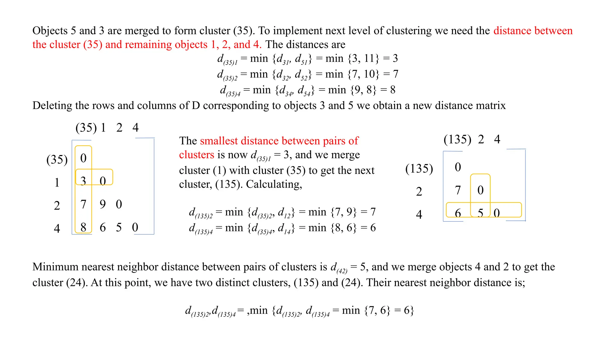 Objects 5 and 3 are merged to form cluster (35). To implement next level of clustering we need the distance between
the cluster (35) and remaining objects 1, 2, and 4. The distances are
d(35)1 = min {d31, d51} = min {3, 11} = 3
d(35)2 = min {d32, d52} = min {7, 10} = 7
d(35)4 = min {d34, d54} = min {9, 8} = 8
Deleting the rows and columns of D corresponding to objects 3 and 5 we obtain a new distance matrix
0
3 0
7 9 0
8 6 5 0
(35)
1
2
4
(35) 1 2 4
The smallest distance between pairs of
clusters is now d(35)1 = 3, and we merge
cluster (1) with cluster (35) to get the next
cluster, (135). Calculating,
d(135)2 = min {d(35)2, d12} = min {7, 9} = 7
d(135)4 = min {d(35)4, d14} = min {8, 6} = 6
0
7 0
6 5 0
(135) 2 4
(135)
2
4
Minimum nearest neighbor distance between pairs of clusters is d(42) = 5, and we merge objects 4 and 2 to get the
cluster (24). At this point, we have two distinct clusters, (135) and (24). Their nearest neighbor distance is;
d(135)2,d(135)4 = ,min {d(135)2, d(135)4 = min {7, 6} = 6}
 