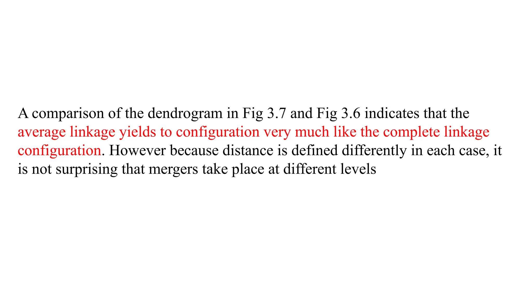 A comparison of the dendrogram in Fig 3.7 and Fig 3.6 indicates that the
average linkage yields to configuration very much like the complete linkage
configuration. However because distance is defined differently in each case, it
is not surprising that mergers take place at different levels
 