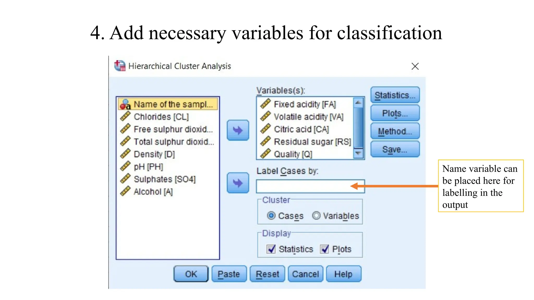 4. Add necessary variables for classification
Name variable can
be placed here for
labelling in the
output
 