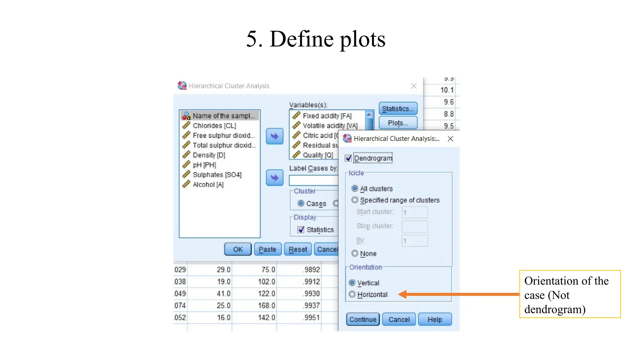 5. Define plots
Orientation of the
case (Not
dendrogram)
 