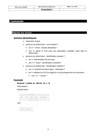 Bruno Delb                   http://www.brunodelb.com               Date : 12/11/1997

                                     Compilation




L'automate




 Reprise sur erreur

   Actions sémantiques
             •   mémoriser le type
             •   parcours du dictionnaire : nom existant ?
                 •   oui => " erreur : double déclaration "
                 •   non => placer le nom avec son descripteur (variable, type) dans le
                     dictionnaire
             •   parcours du dictionnaire : identificateur existant ?
                 •   oui => mémorisation de son type
                 •   non => " erreur : identificateur inexistant "
             •   parcours du dictionnaire : identificateur existant ?
                 •   oui => comparer les deux types : identiques ?
                 •   oui -> création en LIS d'un appel à un sous-programme de conversion
                     •   non => " erreur "

   Exemple
     Enoncé : entier A, réel B , B <- A
     Préexistant :
     Dictionnaire :

       +-------- descripteur ----------------+
       +-------------------------------------+
       ¦ Aux ¦ Var ¦ Réel Real ¦ Procedure ¦
       +-------------------------------------+
       +---------- identificateur -----------+

     LIS :

       +----------------+
       ¦ point d'entrée ¦
       +----------------+




                                              12
 