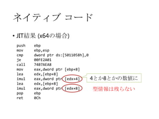 ネイティブ コード
• JIT結果 (x64の場合)
push
mov
cmp
je
call
mov
lea
imul
lea
imul
pop
ret

ebp
ebp,esp
dword ptr ds:[5011058h],0
00FE2A01
74B7AEA8
eax,dword ptr [ebp+8]
edx,[ebp+8]
eax,dword ptr [edx+4]
edx,[ebp+8]
eax,dword ptr [edx+8]
ebp
0Ch

4とか8とかの数値に
型情報は残らない

 