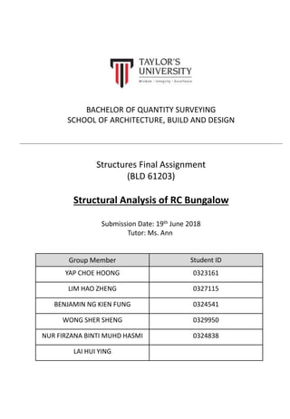 BACHELOR OF QUANTITY SURVEYING
SCHOOL OF ARCHITECTURE, BUILD AND DESIGN
Structures Final Assignment
(BLD 61203)
Structural Analysis of RC Bungalow
Submission Date: 19th June 2018
Tutor: Ms. Ann
Group Member Student ID
YAP CHOE HOONG 0323161
LIM HAO ZHENG 0327115
BENJAMIN NG KIEN FUNG 0324541
WONG SHER SHENG 0329950
NUR FIRZANA BINTI MUHD HASMI 0324838
LAI HUI YING
 