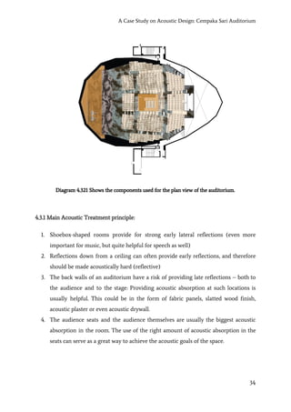 A Case Study on Acoustic Design: Cempaka Sari Auditorium
Diagram 4.321 Shows the components used for the plan view of the auditorium.
4.3.1 Main Acoustic Treatment principle:
1. Shoebox-shaped rooms provide for strong early lateral reflections (even more
important for music, but quite helpful for speech as well)
2. Reflections down from a ceiling can often provide early reflections, and therefore
should be made acoustically hard (reflective)
3. The back walls of an auditorium have a risk of providing late reflections – both to
the audience and to the stage: Providing acoustic absorption at such locations is
usually helpful. This could be in the form of fabric panels, slatted wood finish,
acoustic plaster or even acoustic drywall.
4. The audience seats and the audience themselves are usually the biggest acoustic
absorption in the room. The use of the right amount of acoustic absorption in the
seats can serve as a great way to achieve the acoustic goals of the space.
34
 