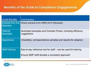 Page 7 | Proprietary and Copyrighted Information
Benefits of the Guide to Compilation Engagements
Guide Benefits Commentary
Extracts from the
Standard
Direct extracts from ISRS 4410 (Revised)
Tailored
Examples
Illustrated examples and Consider Points, including efficiency
suggestions
Appendices Checklists, correspondence samples and reports for adaption
Staff Training Day-to-day reference tool for staff – can be used for training
Ensure SMP staff develop a consistent approach
 