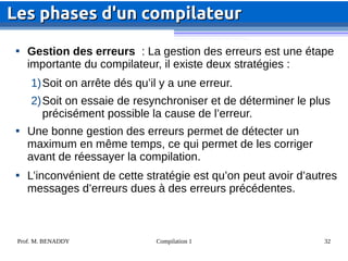 Prof. M. BENADDY Compilation 1 32

Gestion des erreurs : La gestion des erreurs est une étape
importante du compilateur, il existe deux stratégies :
1)Soit on arrête dés qu’il y a une erreur.
2)Soit on essaie de resynchroniser et de déterminer le plus
précisément possible la cause de l’erreur.

Une bonne gestion des erreurs permet de détecter un
maximum en même temps, ce qui permet de les corriger
avant de réessayer la compilation.

L’inconvénient de cette stratégie est qu’on peut avoir d’autres
messages d’erreurs dues à des erreurs précédentes.
Les phases d'un compilateur
Les phases d'un compilateur
 