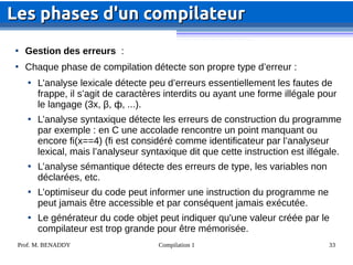 Prof. M. BENADDY Compilation 1 33

Gestion des erreurs :

Chaque phase de compilation détecte son propre type d’erreur :

L’analyse lexicale détecte peu d’erreurs essentiellement les fautes de
frappe, il s’agit de caractères interdits ou ayant une forme illégale pour
le langage (3x, β, ф, ...).

L’analyse syntaxique détecte les erreurs de construction du programme
par exemple : en C une accolade rencontre un point manquant ou
encore fi(x==4) (fi est considéré comme identificateur par l’analyseur
lexical, mais l’analyseur syntaxique dit que cette instruction est illégale.

L’analyse sémantique détecte des erreurs de type, les variables non
déclarées, etc.

L’optimiseur du code peut informer une instruction du programme ne
peut jamais être accessible et par conséquent jamais exécutée.

Le générateur du code objet peut indiquer qu'une valeur créée par le
compilateur est trop grande pour être mémorisée.
Les phases d'un compilateur
Les phases d'un compilateur
 