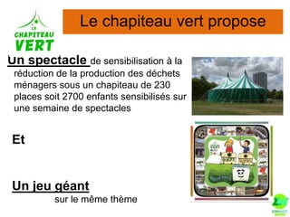 Le chapiteau vert propose
Un spectacle de sensibilisation à la
réduction de la production des déchets
ménagers sous un chapiteau de 230
places soit 2700 enfants sensibilisés sur
une semaine de spectacles

Et

Un jeu géant
sur le même thème

 