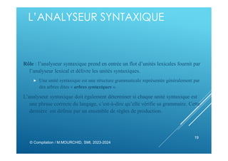 L’ANALYSEUR SYNTAXIQUE
Rôle : l’analyseur syntaxique prend en entrée un flot d’unités lexicales fournit par
l’analyseur lexical et délivre les unités syntaxiques.
 Une unité syntaxique est une structure grammaticale représentée généralement par
des arbres dites « arbres syntaxiques ».
L’analyseur syntaxique doit également déterminer si chaque unité syntaxique est
une phrase correcte du langage, c’est-à-dire qu’elle vérifie sa grammaire. Cette
dernière est définie par un ensemble de règles de production.
© Compilation / M.MOURCHID, SMI, 2023-2024
19
 