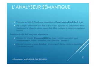 L’ANALYSEUR SÉMANTIQUE
 Une autre activité de l’analyseur sémantique est la conversion implicite de type.
 Par exemple, additionner un « float » et un « int » ne se fait pas directement, il faut
transformer la valeur int en une valeur float (elles n’ont pas la même représentation
binaire).
Autres activités de l’analyseur sémantique :
 Détecter les erreurs d’incompatibilité de types : opération sur deux types
incompatibles (« fichier + ensemble » ou « fonction * tableau »).
 Détecter certaines erreurs de calcul : division par 0, racine carrée ou logarithme
d’un nombre négatif.
© Compilation / M.MOURCHID, SMI, 2023-2024
22
 