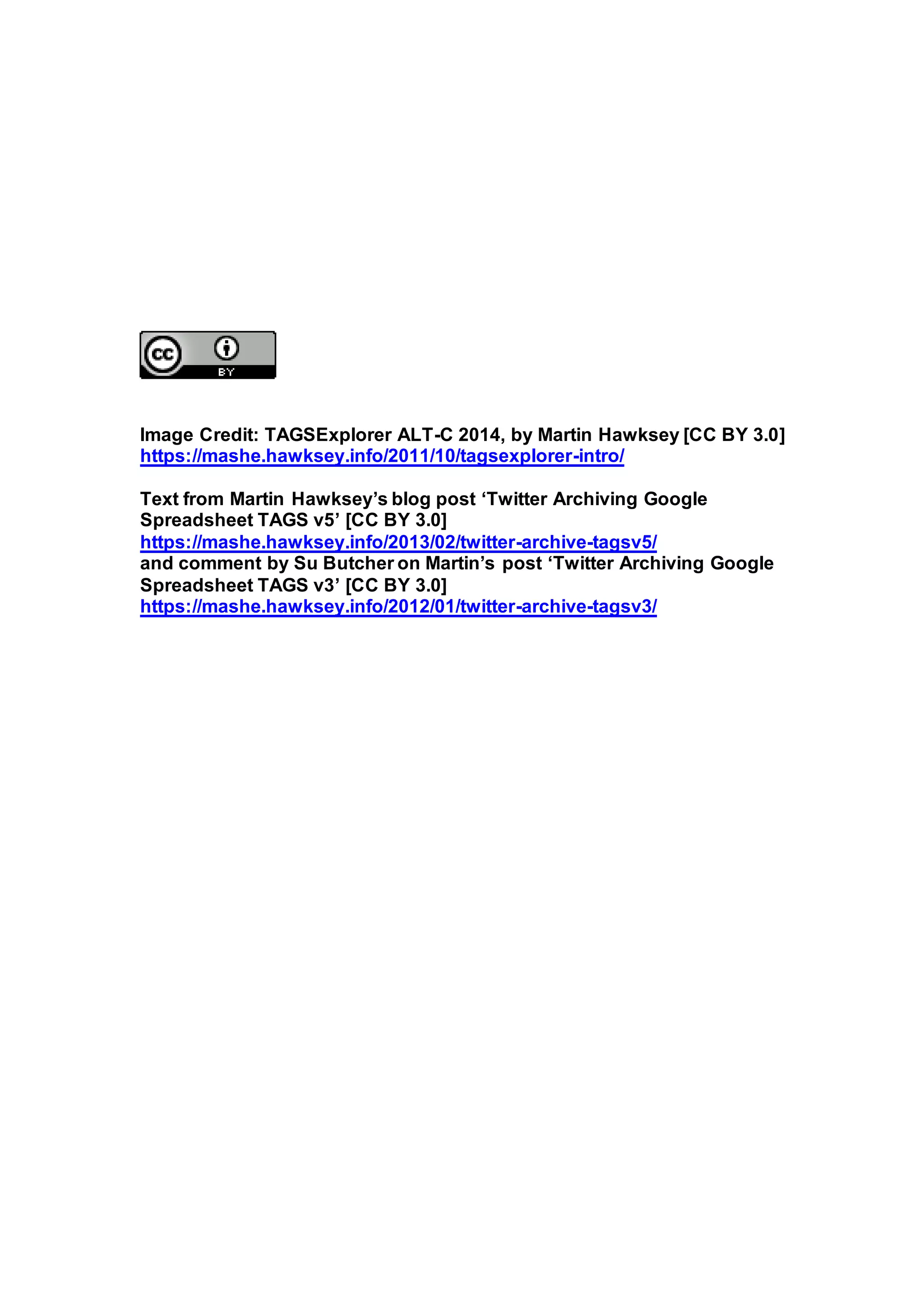 Image Credit: TAGSExplorer ALT-C 2014, by Martin Hawksey [CC BY 3.0]
https://mashe.hawksey.info/2011/10/tagsexplorer-intro/
Text from Martin Hawksey’s blog post ‘Twitter Archiving Google
Spreadsheet TAGS v5’ [CC BY 3.0]
https://mashe.hawksey.info/2013/02/twitter-archive-tagsv5/
and comment by Su Butcher on Martin’s post ‘Twitter Archiving Google
Spreadsheet TAGS v3’ [CC BY 3.0]
https://mashe.hawksey.info/2012/01/twitter-archive-tagsv3/
 