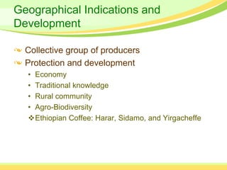 Geographical Indications and
Development

  Collective group of producers
  Protection and development
  • Economy
  • Traditional knowledge
  • Rural community
  • Agro-Biodiversity
  Ethiopian Coffee: Harar, Sidamo, and Yirgacheffe
 