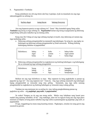 19
b. Pagtatambal o Tambalan
Kung aalalahanin mo ulit ang teksto ukol kay Lapulapu, tiyak na maaalaala mo ang mga
nakasalungguhit na salitang ito:
baybay-dagat inang-bayan bukang-liwayway
Ano ang kapansin-pansin sa mga salitang ito? Tama! May katambal ngang ibang salita.
Tambalan ang tawag sa mga salitang ito. Pagtatambal naman ang tawag sa pagsasama ng dalawang
magkaibang salita para makabuo ng isa lamang salita.
Kung may iba’t ibang uri ang mga salitang maylapi at inuulit, may dalawang uri naman ang
mga tambalang salita.
a. Dalawang salitang pinagtatambal na nananatili ang kahulugan. Sa uring ito, ang taglay na
kahulugan ng dalawang salitang pinagtatambal ay hindi nawawala. Walang ikatlong
kahulugang nabubuo sa pagtatambal.
Halimbawa: bahay + kubo = bahay-kubo
ingat + yaman = ingat-yaman
kulay + dugo = kulay-dugo
b. Dalawang salitang pinagtatambal na nagkakaroon ng ikatlong kahulugan o ng kahulugang
iba sa isinasaad ng mga salitang pinagtambal
Halimbawa: basag + ulo = basagulo
bahag + hari = bahaghari
hampas + lupa = hampaslupa
Balikan mo ang mga halimbawa sa itaas. May napansin ka bang pagkakaiba sa paraan ng
pagsulat ng mga ito? Ano ang napansin mo? Tama ka. Ang mga salitang nananatili ang kahulugan
kapag pinagtatambal ay isinusulat nang may gitling. Samantala, ang mga salita namang
pinagtatambal na nagkakaroon ng ikatlong kahulugan ay isinusulat nang walang gitling.
Tandaan mo ang natutunan mo sa araling ito: may tatlong pangkalahatang paraan ng
pagbubuo ng salita – ang paglalapi, pag-uulit, at pagtatambal.
Sa wakas! Natapos na rin ang una mong aralin. Medyo may kahabaan nang kaunti pero
madali lang namang intindihin, di ba? Ang mahalaga, alam mo na ngayon kung ano ang mga pares
minimal sa Filipino at kung paano nabubuo ang mga salita sa pamamagitan ng paglalapi, pag-uulit, at
pagtatambal.
O sige, magpahinga ka muna nang kaunting minuto. Pagkatapos, simulan mo nang gawin ang
susunod na gawain.
 