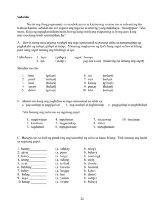 22
Subukin
Narito ang ilang pagsasanay na susubok pa rin sa kaalamang natamo mo sa sub-araling ito.
Katulad kanina, subukin mo ulit sagutin ang mga ito sa abot ng iyong makakaya. Oooopppsss! Teka
muna. Gaya ng napagkasunduan natin, huwag kang mahiyang magtanong sa iyong guro kung
mayroon kang hindi naintindihan, ha?
A. Gawin mong nasa anyong maylapi ang mga sumusunod na punong salita sa pamamagitan ng
pagkakabit ng unlapi, gitlapi at hulapi. Maaaring magkaroon ng iba’t ibang sagot sa bawat bilang
pero isang sagot lamang ang hinihingi sa iyo.
Halimbawa: 1. layo (gitlapi) sagot: lumayo
2. asa (unlapi) pag-asa o iasa (maaaring isa lamang ang sagot)
Simulan mo rito:
1. bato (gitlapi) 6. sisi (unlapi)
2. putol (unlapi) 7. sara (unlapi
3. kain (hulapi) 8. kaway (gitlapi)
4. sayaw (hulapi) 9. pantay (hulapi)
5. dukot (gitlapi) 10. laba (unlapi)
B. Alamin mo kung ang pagbubuo sa mga sumusunod na salita ay:
a. pag-uunlapi at paggigitlapi b. pag-uunlapi at paghuhulapi c. paggigitlapi at paghuhulapi
Titik lamang ang isulat mo sa sagutang papel.
1. magtawanan 4. matabunan 7. sinayawan 10. tinalunan
2. kinuhaan 5. magsumikap 8. ibinili
3. nagdumali 6. napagsawaan 9. napaglumaan
C. Hanapin mo sa loob ng panaklong ang katambal ng salita sa bawat bilang. Titik lamang ang isulat
sa sagutang papel.
1. bantay___________ (a. salakay b. tulog)
2. akyat____________ (a. puno b. bahay)
3. buhay___________ (a. langit b. alamang)
4. urong___________ (a. sulong b. uwi)
5. atras____________ (a. talikod b. abante)
6. balitang _________ (a. kutsero b. tsismis)
7. bahay ___________ (a. lungga b. kubo)
8. bahag __________ (a. hari b. damit)
9. ingat ___________ (a. yaman b. salapi)
10. hanap __________ (a. swerte b. buhay)
 