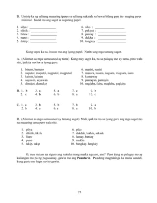 23
D. Umisip ka ng salitang maaaring ipares sa salitang nakatala sa bawat bilang para ito maging pares
minimal. Isulat mo ang sagot sa sagutang papel.
1. silya : _________________ 6. siko : ___________________
2. siksik : _________________ 7. pakpak : __________________
3. bitaw : _________________ 8. pantay : __________________
4. nuno : _________________ 9. dukha : __________________
5. dakip : _________________ 10. tangkay : __________________
Kung tapos ka na, iwasto mo ang iyong papel. Narito ang mga tamang sagot.
A. (Alinman sa mga sumusunod ay tama) Kung may sagot ka, na sa palagay mo ay tama, pero wala
rito, ipakita mo ito sa iyong guro.
1. binato, bumato 6. masisi, nasisi
2. naputol, maputol, nagputol, magputol 7. masara, nasara, nagsara, magsara, isara
3. kainin, kainan 8. kumaway
4. sayawin, sayawan 9. pantayan, pantayin
5. dinukot, dumukot 10. naglaba, ilaba, maglaba, paglaba
B. 1. b 3. a 5. a 7. c 9. b
2. c 4. b 6. b 8. a 10. c
C. 1. a 3. b 5. b 7. b 9. a
2. b 4. a 6. a 8. a 10. b
D. (Alinman sa mga sumusunod ay tamang sagot) Muli, ipakita mo sa iyong guro ang mga sagot mo
na maaaring tama pero wala rito.
1. pilya 6. piko
2. dikdik, tiktik 7. dakdak, laklak, saksak
3. litaw 8. lantay, bantay
4. puno 9. mukha
5. lakip, takip 10. bangkay, langkay
O, mas mataas na siguro ang nakuha mong marka ngayon, ano? Pero kung sa palagay mo ay
kailangan mo pa ng pagsasanay, gawin mo ang Paunlarin. Pwedeng magpahinga ka muna sandali,
kung gusto mo bago mo ito gawin.
 