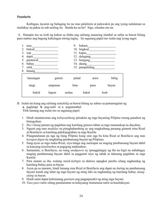 24
Paunlarin
Kaibigan, layunin ng bahaging ito na mas palalimin at palawakin pa ang iyong nalalaman sa
tinalakay na paksa sa sub-araling ito. Handa ka na ba? Sige, simulan mo na.
A. Hanapin mo sa loob ng kahon sa ibaba ang salitang maaaring itambal sa salita sa bawat bilang
para mabuo ang bagong kahulugan nitong taglay. Sa sagutang papel mo isulat ang iyong sagot.
1. taus_________________ 9. bukam__________________
2. bukod_______________ 10. lingkod_________________
3. isip _________________ 11. kapus___________________
4. dapit________________ 12. dalagang________________
5. pantawid_____________ 13. bungang________________
6. bahay_______________ 14. daang__________________
7. silid_________________ 15. pampalubag_____________
8. batang_______________
lansangan gutom palad araw bibig
tangi ampunan bata puso bayan
bukid hapon aralan bakal loob
B. Isulat mo kung ang salitang nakahilig sa bawat bilang ay nabuo sa pamamagitan ng
a. paglalapi b. pag-uulit at c. pagtatambal.
Titik lamang ang isulat mo sa sagutang papel.
1. Hindi matatawaran ang kabayanihang ipinakita ng mga bayaning Pilipino noong panahon ng
himagsikan.
2. Iba’t ibang paraan ng paglaban ang kanilang ginawa laban sa mga mananakop na dayuhan.
3. Ngunit ang mas madalas na pinaghahambing ay ang magkaibang paraang ginamit nina Rizal
at Bonifacio sa kanilang pakikipaglaban sa mga Kastila.
4. Pinagtatalunan pa nga ng ilang Pilipino kung sino nga ba kina Rizal at Bonifacio ang mas
karapat-dapat na tanghaling pambansang bayani ng Pilipinas.
5. Sang-ayon sa mga maka-Rizal, siya talaga ang nararapat na maging pambansang bayani dahil
sa kanyang katalinuhan at pagiging mahinahon.
6. Samantala, si Bonifacio, na isang anakpawis ay ipinagpalagay ng iba na higit na nababagay
maging pambansang bayani dahil sa paggamit niya ng tabak at tahasang paglaban sa mga
Kastila.
7. Para naman sa iba, walang itulak-kabigin sa dalawa sapagkat pareho silang naghandog ng
kanilang buhay para sa bayan.
8. Ayon pa sa marami, hindi lamang sina Rizal at Bonifacio ang dapat na ituring na pambansang
bayani kundi ang lahat ng mga bayani ng ating lahi na naghandog ng kanilang buhay alang-
alang sa bayan.
9. Hindi natin dapat kalimutang gunitain ang pagpapasakit ng ating mga bayani.
10. Taus-puso natin silang pasalamatan sa kalayaang tinatamasa natin sa kasalukuyan.
 