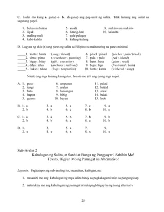 25
C. Isulat mo kung a. ganap o b. di-ganap ang pag-uulit ng salita. Titik lamang ang isulat sa
sagutang papel.
1. bukas na bukas 5. sasali 9. makinis na makinis
2. iiyak 6. lutung-luto 10. kakanta
3. maling-mali 7. pala-palagay
4. kabi-kabila 8. kulang-kulang
D. Lagyan ng ekis (x) ang pares ng salita sa Filipino na maituturing na pares minimal
_____1. kanta : banta (song : threat) 6. pitsel : pinsel (pitcher : paint brush)
_____2. sinta : pinta (sweetheart : painting) 7. pula : pulo (red : island)
_____3. bigay : bitay (gift : execution) 8. baso : basa (glass : read)
_____4.. diles : riles (anchovy : railroad) 9. bigo : ligo (frustrated : bath)
_____5.. lukso : tukso (leap : temptation) 10. lanta : kanta (withered : song)
Narito ang mga tamang kasagutan. Iwasto mo ulit ang iyong mga sagot.
A. 1. puso 6. ampunan 11. palad
2. tangi 7. aralan 12. bukid
3. bata 8. lansangan 13. araw
4. hapon 9. bibig 14. bakal
5. gutom 10. bayan 15. loob
B. 1. a 3. a 5. a 7. c 9. a
2. b 4. b 6. c 8. b 10. c
C. 1. a 3. a 5. b 7. b 9. b
2. b 4. b 6. a 8. a 10. b
D. 1. 3. 5. x 7. 9.
2. x 4. x 6. x 8. x 10. x
Sub-Aralin 2
Kahulugan ng Salita, at Sanhi at Bunga ng Pangyayari, Sabihin Mo!
Teksto, Bigyan Mo ng Pamagat na Alternativo!
Layunin: Pagkatapos ng sub-araling ito, inaasahan, kaibigan, na:
1. nasasabi mo ang kahulugan ng mga salita batay sa pagkakagamit nito sa pangungusap
2. natutukoy mo ang kahulugan ng pamagat at nakapagbibigay ka ng isang alternativ
 