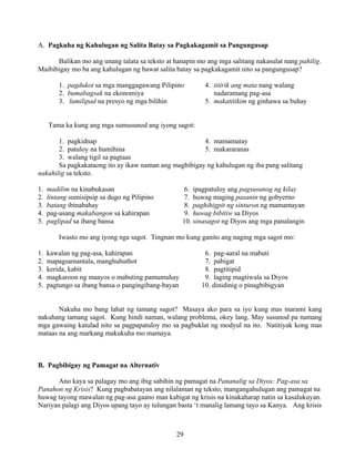 29
A. Pagkuha ng Kahulugan ng Salita Batay sa Pagkakagamit sa Pangungusap
Balikan mo ang unang talata sa teksto at hanapin mo ang mga salitang nakasulat nang pahilig.
Maibibigay mo ba ang kahulugan ng bawat salita batay sa pagkakagamit nito sa pangungusap?
1. pagdukot sa mga manggagawang Pilipino 4. titirik ang mata nang walang
2. bumabagsak na ekonomiya nadaramang pag-asa
3. lumilipad na presyo ng mga bilihin 5. makatitikim ng ginhawa sa buhay
Tama ka kung ang mga sumusunod ang iyong sagot:
1. pagkidnap 4. mamamatay
2. patuloy na humihina 5. makararanas
3. walang tigil sa pagtaas
Sa pagkakataong ito ay ikaw naman ang magbibigay ng kahulugan ng iba pang salitang
nakahilig sa teksto.
1. madilim na kinabukasan 6. ipagpatuloy ang pagsusunog ng kilay
2. lintang sumisipsip sa dugo ng Pilipino 7. huwag maging pasanin ng gobyerno
3. batang ibinabahay 8. paghihigpit ng sinturon ng mamamayan
4. pag-asang makabangon sa kahirapan 9. huwag bibitiw sa Diyos
5. paglipad sa ibang bansa 10. sinasagot ng Diyos ang mga panalangin
Iwasto mo ang iyong nga sagot. Tingnan mo kung ganito ang naging mga sagot mo:
1. kawalan ng pag-asa, kahirapan 6. pag-aaral na mabuti
2. mapagsamantala, manghuhuthot 7. pabigat
3. kerida, kabit 8. pagtitipid
4. magkaroon ng maayos o mabuting pamumuhay 9. laging magtiwala sa Diyos
5. pagtungo sa ibang bansa o pangingibang-bayan 10. dinidinig o pinagbibigyan
Nakuha mo bang lahat ng tamang sagot? Masaya ako para sa iyo kung mas marami kang
nakuhang tamang sagot. Kung hindi naman, walang problema, okey lang. May susunod pa namang
mga gawaing katulad nito sa pagpapatuloy mo sa pagbuklat ng modyul na ito. Natitiyak kong mas
mataas na ang markang makukuha mo mamaya.
B. Pagbibigay ng Pamagat na Alternativ
Ano kaya sa palagay mo ang ibig sabihin ng pamagat na Pananalig sa Diyos: Pag-asa sa
Panahon ng Krisis? Kung pagbabatayan ang nilalaman ng teksto, mangangahulugan ang pamagat na
huwag tayong mawalan ng pag-asa gaano man kabigat ng krisis na kinakaharap natin sa kasalukuyan.
Nariyan palagi ang Diyos upang tayo ay tulungan basta ‘t manalig lamang tayo sa Kanya. Ang krisis
 