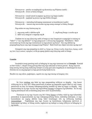 32
Sitwasyon a - patuloy na pagbagsak ng ekonomiya ng Pilipinas (sanhi)
Sitwasyon b - krisis sa bansa (bunga)
Sitwasyon a – sunud-sunod na pagtaas ng presyo ng langis (sanhi)
Sitwasyon b – paglipad ng presyo ng mga bilihin (bunga)
Sitwasyon a - matinding kahirapang nararanasan sa kasalukuyan (sanhi)
Sitwasyon b - marami ang nawawalan ng pag-asang umangat sa buhay (bunga)
Pag-aralan mo ang ilustrasyong ito:
1. ang a ang sanhi o dahilan ng b 3. ang b ang bunga o resulta ng a
2. dahil sa a, nangyari o naganap ang b
Tandaan mo na ang relasyong sanhi at bunga ay may kaugnayan sa pagsagot sa tanong na
“bakit?” o “ano ang dahilan?” sa mga pangyayari o sitwasyong nagaganap. Halimbawa: Bakit
nawawalan ng tiwala ang mga mamamayan sa mga pinuno ng bansa? Ano ang dahilan ng
pangingibang-bayan ang mga mangagawang Pilipino? Bakit hindi tayo dapat mawalan ng pag-asa?
Ginagamit ang mga pangatnig na dahil sa, bunga ng, bilang resulta, kung kaya, kapag, sanhi
ng, kasi, kaya naman, sapagkat, at iba pa upang ipakita ang relasyong sanhi at bunga.
Gamitin
Susubukin mong gamiting muli sa bahaging ito ang mga natutunan mo sa Linangin. Katulad
sa Sub-Aralin 1, sikapin mong gawing lahat ang mga nakasaad sa bawat gawain. Kung mayroon
kang tanong, huwag kang mahiyang lumapit sa iyong guro para magabayan at matulungan ka niya.
Simulan mo na ang pagsagot sa mga gawain kung handa ka na.
Basahin mo ang teksto, pagkatapos, sagutin mo ang mga tanong na kaugnay nito.
Sa Asya isinilang ang lahat ng mga pangunahing relihiyon sa daigdig. Ang bawat
relihiyong ito ay may iba’t ibang paniniwala at paraan ng pagsamba ngunit lahat ay may iisang
paniniwala na may isa lamang makapangyarihang lumikha ng lahat ng bagay sa daigdig. Ang
paniniwalang ito ng mga Asyano ang nagsisilbing liwanag sa paggawa ng kabutihan. Ito rin ang
naging pamantayan nila sa kanilang pang-araw-araw na pamumuhay.
Naranasan na ng mga Asyano ang iba’t ibang hamon sa buhay tulad ng mga kalamidad,
pananakop at pagsasamantala ng mga makapangyarihang bansa, matinding kahirapan, at mga
karamdaman na naging dahilan kung bakit kinailangan nila ng relihiyong kanilang
masasandigan. Naghahanap ang mga Asyano ng katotohanan, kaligtasang ispiritwal, at
kapayapaan ng buhay, at bilang resulta, nagkaroon ng mahigit sa isang relihiyon sa bahaging ito
ng mundo.
 