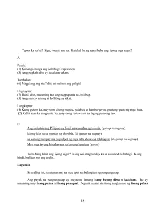 18
Tapos ka na ba? Sige, iwasto mo na. Katulad ba ng nasa ibaba ang iyong mga sagot?
A.
Payak:
(1) Kahanga-hanga ang Jollibug Corporation.
(3) Ang pagkain dito ay katakam-takam.
Tambalan:
(6) Magalang ang staff dito at malinis ang paligid.
Hugnayan:
(7) Dahil dito, maraming tao ang nagpupunta sa Jollibug.
(5) Ang mascot nitong si Jollibug ay sikat.
Langkapan:
(4) Kung gutom ka, mayroon ditong manok, palabok at hamburger na gustung-gusto ng mga bata.
(2) Kahit saan ka magpunta ka, mayroong restawrant na laging puno ng tao.
B:
Ang industriyang Pilipino ay hindi nawawalan ng tsismis. (ganap na sugnay).
lalong-lalo na sa mundo ng showbiz. (di-ganap na sugnay)
sa walang humpay na pagsulpot ng mga talk shows sa telebisyon (di-ganap na sugnay)
May mga isyung hinahayaan na lamang lumipas (ganap)
Tama bang lahat ang iyong sagot? Kung oo, magpatuloy ka sa susunod na bahagi. Kung
hindi, balikan mo ang aralin.
Lagumin
Sa araling ito, natutunan mo na may apat na balangkas ng pangungusap.
Ang payak na pangungusap ay mayroon lamang isang buong diwa o kaisipan. Ito ay
maaaring may iisang paksa at iisang panaguri. Ngunit maaari rin itong magkaroon ng iisang paksa
 