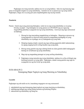 18
Pagkatapos mo itong maisulat, ipabasa mo ito sa iyong kaklase. Itala mo ang kanyang mga
puna at mungkahi tungkol sa iyong talambuhay. Gamitin mo ito sa parerevays ng iyong sulatin.
Pagkatapos, ibigay mo sa iyong guro para mapahalagahan ang inyong isinulat.
Paunlarin
Panuto: Gamit ang iyong ginawang balangkas, isulat mo na ang iyong talambuhay sa isa pang
hiwalay na papel. Ang balangkas na iyong ginawa sa LINANGIN ang iyo ngayong
magsisilbing patnubay sa pagsulat mo ng iyong talambuhay. Gawin pa ang mga sumusunod
na hakbang:
1. Huwag ka ring masyadong magpakulong sa balangkas. Maaaring sa proseso ng
iyong pagsulat ay mayroon kang maisip na magandang maidagdag sa iyong
talambuhay na sa palagay mo ay ikakaganda ng iyong akda.
2. Sikaping maging simple o payak ang mga salitang gagamitin dahil nakatutulong
ito upang maging kawili-wiling basahin ang iyong akda.
3. Huwag mong gamitin ang mga salitang hindi mo alam gamitin dahil makagugulo
lamang ito sa kabuuan ng iyong talambuhay.
4. Mag-isip ng magandang pamagat sa iyong sariling talambuhay.
5. Pagkatapos mong maisulat ang iyong talambuhay, ipabasa ito sa iba at hilingin ang
kanilang komento sa iyong akda. Pagkatapos, maaari mong gamitin ang mga ito
sa pagsulat mo ng final draft ng iyong akda.
SUB-ARALIN 2:
Katangiang Dapat Taglayin ng Isang Masining na Talambuhay
Layunin
Pagkatapos ng sub-aralin na ito, inaasahang magagawa mo ang sumusunod:
1. nakababatid ang mga katangiang dapat taglayin ng isang masining na talambuhay.
2. nabibigyang-halaga ang sining bilang lunsaran ng kulturang Pilipino.
3. nakasusulat ng talambuhay ng ibang tao.
 