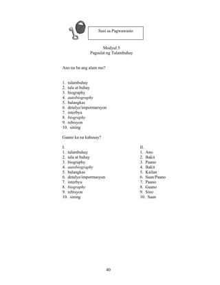 40
Modyul 5
Pagsulat ng Talambuhay
Ano na ba ang alam mo?
1. talambuhay
2. tala at buhay
3. biography
4. autobiography
5. balangkas
6. detalye/impormarsyon
7. interbyu
8. biography
9. rebisyon
10. sining
Gaano ka na kahusay?
I. II.
1. talambuhay 1. Ano
2. tala at buhay 2. Bakit
3. biography 3. Paano
4. autobiography 4. Bakit
5. balangkas 5. Kailan
6. detalye/impormasyon 6. Saan/Paano
7. interbyu 7. Paano
8. biography 8. Gaano
9. rebisyon 9. Sino
10. sining 10. Saan
Susi sa Pagwawasto
 