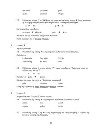 22
quo vadis quotation quad
quartz quantum opaque
2.2 Palitan ang letrang Q ng KW kung ang tunog ay /kw/ at ng letrang K kung ang tunog
ay /k/ kapag binaybay sa Filipino ang hiram na salitang may letrang Q.
q kw q k
Narito ang ilang halimbawa:
sequester sekwester quota kota
Baybayin mo nga sa Filipino ang quarter at quorum.
Dapat ang sagot mo ay kwarter at korum.
3. Letrang Ñ
Ayon sa patnubay:
3.1 Panatilihin ang letrang Ñ kung ang salita ay hiram sa orihinal na anyo.
Halimbawa:
La Tondeña Sto. Niño El Niño
Malacañang La Niña coño
3.2 Palitan ang letrang Ñ ng mga letrang NY kapag binaybay sa Filipino ang hiram na
salitang may letrang Ñ.
ñ ny
Halimbawa: paño panyo
Subukin mo ngang baybayin sa Filipino ang sumusunod:
piña cariñosa cañon
Kung ang sagot mo ay pinya, karinyosa at kanyon, tama ka!
4. Letrang X
Magpatuloy tayo. Letrang X naman ngayon.
4.1 Panatilihin ang letrang X kung ang salita ay hiniram sa orihinal na anyo.
axiom wax export
exodus xylem praxis
4.2 Palitan ang letrang X ng KS kung ang tunog ay /ks/ kapag binaybay sa Filipino ang
hiram na salitang may letrang X.
 
