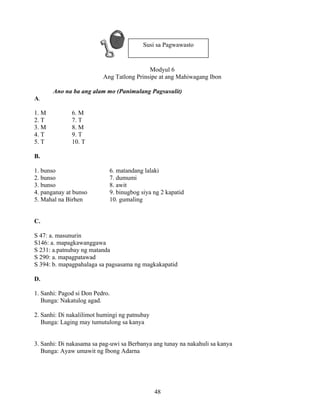 48
Modyul 6
Ang Tatlong Prinsipe at ang Mahiwagang Ibon
Ano na ba ang alam mo (Panimulang Pagsusulit)
A.
1. M 6. M
2. T 7. T
3. M 8. M
4. T 9. T
5. T 10. T
B.
1. bunso 6. matandang lalaki
2. bunso 7. dumumi
3. bunso 8. awit
4. panganay at bunso 9. binugbog siya ng 2 kapatid
5. Mahal na Birhen 10. gumaling
C.
S 47: a. masunurin
S146: a. mapagkawanggawa
S 231: a.patnubay ng matanda
S 290: a. mapagpatawad
S 394: b. mapagpahalaga sa pagsasama ng magkakapatid
D.
1. Sanhi: Pagod si Don Pedro.
Bunga: Nakatulog agad.
2. Sanhi: Di nakalilimot humingi ng patnubay
Bunga: Laging may tumutulong sa kanya
3. Sanhi: Di nakasama sa pag-uwi sa Berbanya ang tunay na nakahuli sa kanya
Bunga: Ayaw umawit ng Ibong Adarna
Susi sa Pagwawasto
 