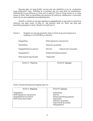 9
Ngayong tapos mo nang basahin, anu-ano ang mga naidudulot sa iyo ng programang
iyong pinapanood? Tama. Nalilibang ka at lumilipas ang oras nang hindi mo namamalayan.
Nakatutulong ba ang telebisyon sa iyong sarili at pamilya? Tama ka. Kung minsan ay oo, kung
minsan ay hindi. Kahit na nakalilibang ang panonood ng telebisyon, nababawasan o nawawalan
naman ng oras para magkalapit ang magkakapamilya.
Sinasabi sa artikulo na ang mga magulang na nagpapahintulot sa mga anak na manood ng
telebisyon ang dapat sisihin sa halip na ang teknoloji, hindi ba? Narito ang ilang mga
pananalitang ginagamit sa teksto. Basahin mo ang bawat isa.
Gawain 1 Pangkatin mo ang mga pananalita. Isulat sa kolum A ang may kaugnayan sa
magulang, at sa kolum B ang sa teknoloji.
Nagpapabaya Hindi napoproseso ang panoorin
Nakalilibang Nakasisira ng pamilya
Nagpapahintulot na manood Idiot box Nagwawasak ng kaisipan
Napagiginhawa Walang kabuluhang programa
Hindi nasasala ang konsepto Napauunlad
Kolum A: Magulang Kolum B: Teknoloji
Ganito, humigit-kumulang ang magiging sagot mo.
Kolum A: Magulang
Nagpapabaya
Hindi napoproseso ang panoorin
Nagpapahintulot na manood
Hindi nasala ang konsepto
Kolum B: Teknoloji
Nakalilibang
Idiot box
Walang kabuluhang programa
Napauunlad
Nakasisira ng pamilya
Nagwawasak ng kaisipan
Napagiginhawa
 