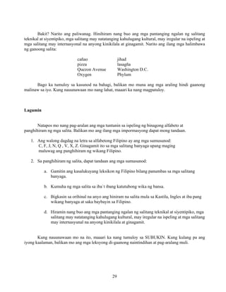29
Bakit? Narito ang paliwanag. Hinihiram nang buo ang mga pantanging ngalan ng salitang
teknikal at siyentipiko, mga salitang may natatanging kahulugang kultural, may iregular na ispeling at
mga salitang may internasyonal na anyong kinikilala at ginagamit. Narito ang ilang mga halimbawa
ng ganoong salita:
cañao jihad
pizza lasagña
Quezon Avenue Washington D.C.
Oxygen Phylum
Bago ka tumuloy sa kasunod na bahagi, balikan mo muna ang mga araling hindi gaanong
malinaw sa iyo. Kung nauunawaan mo nang lahat, maaari ka nang magpatuloy.
Lagumin
Natapos mo nang pag-aralan ang mga tuntunin sa ispeling ng binagong alfabeto at
panghihiram ng mga salita. Balikan mo ang ilang mga impormasyong dapat mong tandaan.
1. Ang walong dagdag na letra sa alfabetong Filipino ay ang mga sumusunod:
C, F, J, N, Q , V, X, Z. Ginagamit ito sa mga salitang banyaga upang maging
maluwag ang panghihiram ng wikang Filipino.
2. Sa panghihiram ng salita, dapat tandaan ang mga sumusunod:
a. Gamitin ang kasalukuyang leksikon ng Filipino bilang panumbas sa mga salitang
banyaga.
b. Kumuha ng mga salita sa iba`t ibang katutubong wika ng bansa.
c. Bigkasin sa orihinal na anyo ang hiniram na salita mula sa Kastila, Ingles at iba pang
wikang banyaga at saka baybayin sa Filipino.
d. Hiramin nang buo ang mga pantanging ngalan ng salitang teknikal at siyentipiko, mga
salitang may natatanging kahulugang kultural, may iregular na ispeling at mga salitang
may internasyunal na anyong kinikilala at ginagamit.
Kung nauunawaan mo na ito, maaari ka nang tumuloy sa SUBUKIN. Kung kulang pa ang
iyong kaalaman, balikan mo ang mga leksyong di-gaanong naintindihan at pag-aralang muli.
 