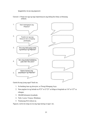 31
Ipagpatuloy mo pa ang pagsusuri.
Gawain 1: Punan mo nga ng mga impormasyon ang dialog box batay sa binasang
artikulo.
1.
2.
3.
4.
5.
Ganito ba ang iyong sagot? Itsek mo.
1. Sa bandang itaas ng ekweytor, sa Timog-Silangang Asya.
2. Nasa pagitan ito ng latitude na 4o
23” at 21o
25” sa hilaga at longitude na 116o
at 127o
sa
silangan.
3. 300,000 kilometro kwadrado.
4. Tatlo. Luzon, Visayas, Mindanao.
5. Tinatayang 84.6 milyon na.
Ngayon, suriin mo nang isa-isa ang mga tanong at sagot mo.
Saan matatagpuan ang
Pilipinas?
Tiyakin mo nga ang
lokasyon nito sa mapang
pandaigdig.
Ilan ang pinakamalalaking
pulo nito? Anu-ano?
Gaano karami ang
populasyon ng Pilipinas?
Ano ang kabuuang sukat
ng teritoryo ng Pilipinas?
 