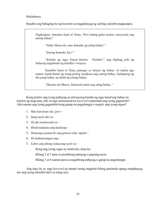 35
Halimbawa:
Basahin ang bahaging ito ng kuwento at magpahayag ng sariling saloobin pagkatapos.
Pagkatapos, lumabas kami ni Tatay. Pero laking gulat namin, nawawala ang
aming bahay!
“Naku! Bunso ko, may kumuha ng ating bahay!”
“Sinong kumuha Tay?”
“Kinuha ng mga Tanod kanina. Nandun!” ang biglang_sabi ng
babaeng nagtitinda ng kandila’t rosaryo.
Tumakbo kami ni Tatay patungo sa itinuro ng babae. At nakita nga
namin, hatak-hatak ng isang puting sasakyan ang aming bahay, kadugtong ng
iba pang bahay na tulad ng aming bahay.
“Hayaan mo Bunso, babawiin natin ang ating bahay.”
Kung positiv ang iyong pahayag sa sitwasyong kinuha ng mga tanod ang bahay na
kariton ng mag-ama, alin sa mga sumusunod na keyword o panimula ang iyong gagamitin?
Alin naman ang iyong gagamitin kung ganap na pagsalungat o negativ ang iyong tugon?
1. May katwiran sila, pero –
2. Sang-ayon ako sa –
3. Di ako naniniwala sa –
4. Hindi makatao ang kanilang–
5. Sinasang-ayunan ko ang ginawa nila, ngunit –
6. Di makatarungan ang –
7. Lubos ang akong sumasang-ayon sa –
Kung ang iyong sagot ay tulad nito, tama ka
Bilang 2 at 7 para sa positibong pahayag o pagsang-ayon.
Bilang 3 at 6 naman para sa negatibong pahayag o ganap na pagsalungat.
Ang mga ito ay mga keyword na maaari mong magamit bilang panimula upang maipahayag
mo ang iyong saloobin ukol sa isang isyu.
 