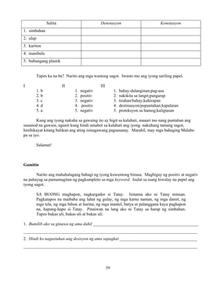 39
Salita Denotasyon Konotasyon
1. simbahan
2. ulap
3. kariton
4. manibela
5. bubungang plastik
Tapos ka na ba? Narito ang mga wastong sagot. Iwasto mo ang iyong sariling papel.
I II III
1. b 1. negativ 1. bahay-dalanginan;pag-asa
2. b 2. positiv 2. nakikita sa langit;pangarap
3. c 3. negativ 3. tirahan/bahay;kahirapan
4. d 4. positiv 4. destinasyon/pupuntahan;kapalaran
5. a 5. negativ 5. proteksyon sa hamog;kaligtasan
Kung ang iyong nakuha sa gawaing ito ay higit sa kalahati, maaari mo nang puntahan ang
susunod na gawain, ngunit kung hindi umabot sa kalahati ang iyong nakuhang tamang sagot,
hinihikayat kitang balikan ang ating isinagawang pagsasanay. Marahil, may mga bahaging Malabo
pa sa iyo.
Salamat!
Gamitin
Narito ang mahahalagang bahagi ng iyong kuwentong binasa. Magbigay ng positiv at negativ
na pahayag sa pamamagitan ng pagkumpleto sa mga keyword. Isulat sa isang hiwalay na papel ang
iyong sagot.
SA BUONG maghapon, nagkargador si Tatay. Isinama ako ni Tatay minsan.
Pagkatapos na maibaba ang lahat ng gulay, ng mga karne naman, ng mga damit, ng
mga tela, ng mga bihon at harina, ng mga mantel, batya at palanggana kaya paghapon
na, hapung-hapo si Tatay. Pinaiwan na lang ako ni Tatay sa harap ng simbahan.
Tapos bukas uli, bukas uli at bukas uli.
1. Bumilib ako sa ginawa ng ama dahil _________________________________________________
_________________________________________________________________________________
2. Hindi ko nagustuhan ang desisyon ng ama sapagkat ____________________________________
_________________________________________________________________________________
 