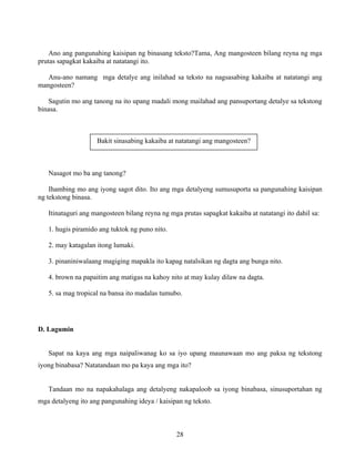 28
Ano ang pangunahing kaisipan ng binasang teksto?Tama, Ang mangosteen bilang reyna ng mga
prutas sapagkat kakaiba at natatangi ito.
Anu-ano namang mga detalye ang inilahad sa teksto na nagsasabing kakaiba at natatangi ang
mangosteen?
Sagutin mo ang tanong na ito upang madali mong mailahad ang pansuportang detalye sa tekstong
binasa.
Nasagot mo ba ang tanong?
Ihambing mo ang iyong sagot dito. Ito ang mga detalyeng sumusuporta sa pangunahing kaisipan
ng tekstong binasa.
Itinataguri ang mangosteen bilang reyna ng mga prutas sapagkat kakaiba at natatangi ito dahil sa:
1. hugis piramido ang tuktok ng puno nito.
2. may katagalan itong lumaki.
3. pinaniniwalaang magiging mapakla ito kapag natalsikan ng dagta ang bunga nito.
4. brown na papaitim ang matigas na kahoy nito at may kulay dilaw na dagta.
5. sa mag tropical na bansa ito madalas tumubo.
D. Lagumin
Sapat na kaya ang mga naipaliwanag ko sa iyo upang maunawaan mo ang paksa ng tekstong
iyong binabasa? Natatandaan mo pa kaya ang mga ito?
Tandaan mo na napakahalaga ang detalyeng nakapaloob sa iyong binabasa, sinusuportahan ng
mga detalyeng ito ang pangunahing ideya / kaisipan ng teksto.
Bakit sinasabing kakaiba at natatangi ang mangosteen?
 