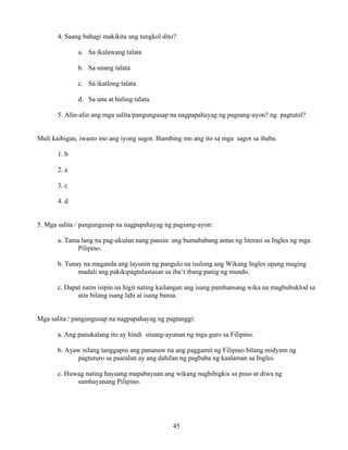 45
4. Saang bahagi makikita ang tungkol dito?
a. Sa ikalawang talata
b. Sa unang talata
c. Sa ikatlong talata
d. Sa una at huling talata.
5. Alin-alin ang mga salita/pangungusap na nagpapahayag ng pagsang-ayon? ng pagtutol?
Muli kaibigan, iwasto mo ang iyong sagot. Ihambing mo ang ito sa mga sagot sa ibaba.
1. b
2. a
3. c
4. d
5. Mga salita / pangungusap na nagpapahayag ng pagsang-ayon:
a. Tama lang na pag-ukulan nang pansin ang bumababang antas ng literasi sa Ingles ng mga
Pilipino.
b. Tunay na maganda ang layunin ng pangulo na isulong ang Wikang Ingles upang maging
madali ang pakikipagtalastasan sa iba’t ibang panig ng mundo.
c. Dapat natin isipin na higit nating kailangan ang isang pambansang wika na magbubuklod sa
atin bilang isang lahi at isang bansa.
Mga salita / pangungusap na nagpapahayag ng pagtanggi:
a. Ang panukalang ito ay hindi sinang-ayunan ng mga guro sa Filipino.
b. Ayaw nilang tanggapin ang pananaw na ang paggamit ng Filipino bilang midyum ng
pagtuturo sa paaralan ay ang dahilan ng pagbaba ng kaalaman sa Ingles.
c. Huwag nating hayaang mapabayaan ang wikang nagbibigkis sa puso at diwa ng
sambayanang Pilipino.
 
