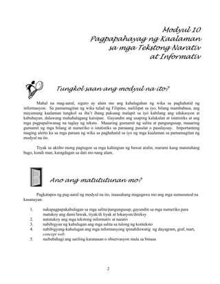 2
Modyul 10
Pagpapahayag ng Kaalaman
sa mga Tekstong Narativ
at Informativ
Tungkol saan ang modyul na ito?
Mahal na mag-aaral, siguro ay alam mo ang kahalagahan ng wika sa paghahatid ng
informasyon. Sa pamamagitan ng wika tulad ng Filipino, naililipat sa iyo, bilang mambabasa, ang
mayamang kaalaman tungkol sa iba’t ibang paksang malapit sa iyo kabilang ang edukasyon at
kabuhayan, dalawang mahahalagang kaisipan. Gayundin ang usaping kalakalan at istatistiks at ang
mga pagpapaliwanag na taglay ng teksto. Maaaring gumamit ng salita at pangungusap, maaaring
gumamit ng mga bilang at numeriko o istatistiks sa paraaang pasulat o pasalaysay. Importanteng
maging alerto ka sa mga paraan ng wika sa paghahatid sa iyo ng mga kaalaman sa pamamagitan ng
modyul na ito.
Tiyak sa aktibo mong pagtugon sa mga kahingian ng bawat aralin, marami kang matutuhang
bago, kundi man, karagdagan sa dati mo nang alam.
Ano ang matututunan mo?
Pagkatapos ng pag-aaral ng modyul na ito, inaasahang magagawa mo ang mga sumusunod na
kasanayan:
1. nakapagpapakahulugan sa mga salita/pangungusap, gayundin sa mga numeriko para
matukoy ang dami/lawak, tiyak/di tiyak at lokasyon/direksy
2. natutukoy ang mga tekstong informativ at narativ
3. nabibigyan ng kahulugan ang mga salita sa tulong ng konteksto
4. nabibigyang-kahulugan ang mga informasyong ipinahihiwatig ng dayagram, graf, tsart,
concept web
5. naibabahagi ang sariling karanasan o observasyon mula sa binasa
 