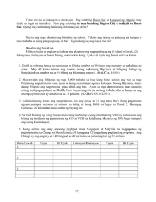 12
Totoo rin ito sa lokasyon o direksyon. Pag sinabing Ilocos Sur, o Lungsod ng Baguio, may
tiyak na lugar na tinutukoy. Pero pag sinabing sa may bandang Baguio City o malapit sa Ilocos
Sur, tipong may kalituhang hatid ang informasyon, di ba?
Narito ang mga ehersisyong binubuo ng teksto. Teksto ang tawag sa pahayag na lampas o
mas mahaba sa isang pangungusap, di ba? Siguradong kayang-kaya mo ito!
Basahin ang bawat isa.
Piliin at isulat sa angkop na kahon ang ekspresyong nagpapahayag ng (1) dami o lawak, (2)
lokasyon o direksyon sa bawat bilang, saka tsekan kung tiyak o di tiyak ang bawat entri sa kahon
1. Dahil sa sobrang lamig na naranasan sa Dhaka umabot sa 90 katao ang namatay sa nakalipas na
araw. May 49 katao naman ang nasawi noong nakaraang Biyernes sa hilagang bahagi ng
Bangladesh na umabot na sa 91 bilang ng biktimang nasawi. (BALITA, 1/5/04)
2. Mawawalan ang Pilipinas ng mga 3,000 trabaho sa Iraq kung hindi aalisin ang ban sa mga
Pilipinong nagtatrabaho roon, ayon sa isang recruitment agency kahapon. Noong Biyernes, daan-
daang Pilipino ang nagprotesta para alisin ang ban. Ayon sa mga demonstrator, mas nanaisin
nilang makipagsapalaran sa Middle East kaysa magtiiis na walang trabaho dito sa bansa na ang
unemployment rate ay umabot na sa 14 percent. (KABAYAN, 8/22/04)
3. Labindalawang katao ang naapektuhan, isa ang patay at 11 ang nasa iba’t ibang pagamutan
ngayon,matapos malason sa ininom na tubig sa isang liblib na lugar sa Purok 2, Barangay
Comonal, 20 kilometro mula sentro ng bayang ito.
4. Sa loob lamang ng ilang buwan mula nang mahirang siyang chairman ng VRB ay nabawasan ang
bilang ng insidente ng pamimirata ng CD at VCD sa kalakhang Maynila ng 50% bago matapos
ang taong kasalukuyan.
5. Isang airline ang may arawang paglipad mula Singapore at Maynila na nagpapataas ng
pagkokonekta sa Changi sa Maynila mula 35 hanggang 42 lingguhang paglipad ng eroplano. Ang
Changi ay nag-uugnay sa 140 lungsod sa 49 na bansa sa pamamagitan ng 61 airlines.
Dami/Lawak Tiyak Di Tiyak Lokasyon/Direksyon Tiyak Di Tiyak
1.
2.
3.
 