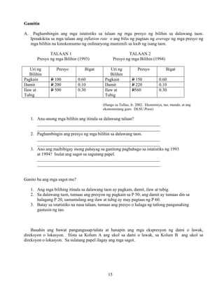 15
Gamitin
A. Paghambingin ang mga istatistiks sa talaan ng mga presyo ng bilihin sa dalawang taon.
Ipinakikita sa mga talaan ang inflation rate o ang bilis ng pagtaas ng average ng mga presyo ng
mga bilihin na kinokonsumo ng ordinaryong mamimili sa loob ng isang taon.
TALAAN 1 TALAAN 2
Presyo ng mga Bilihin (1993) Presyo ng mga Bilihin (1994)
Uri ng
Bilihin
Presyo Bigat Uri ng
Bilihin
Presyo Bigat
Pagkain P 100 0.60 Pagkain P 150 0.60
Damit P 200 0.10 Damit P 220 0.10
Ilaw at
Tubig
P 500 0.30 Ilaw at
Tubig
P560 0.30
(Hango sa Tullao, Jr. 2002. Ekonomiya, tao, mundo, at ang
ekonomistang guro. DLSU Press)
1. Anu-anong mga bilihin ang itinala sa dalawang talaan?
________________________________________________________
________________________________________________________
2. Paghambingin ang presyo ng mga bilihin sa dalawang taon.
________________________________________________________
________________________________________________________
3. Ano ang maibibigay mong pahayag sa ganitong pagbabago sa istatistiks ng 1993
at 1994? Isulat ang sagot sa sagutang papel.
________________________________________________________
________________________________________________________
Ganito ba ang mga sagot mo?
1. Ang mga bilihing itinala sa dalawang taon ay pagkain, damit, ilaw at tubig.
2. Sa dalawang taon, tumaas ang presyon ng pagkain sa P 50; ang damit ay tumaas din sa
halagang P 20, samantalang ang ilaw at tubig ay may pagtaas ng P 60.
3. Batay sa istatistiks na nasa talaan, tumaas ang presyo o halaga ng tatlong pangunahing
gastusin ng tao.
Basahin ang bawat pangungusap/talata at hanapin ang mga ekspresyon ng dami o lawak,
direksyon o lokasyon. Ilista sa Kolum A ang ukol sa dami o lawak, sa Kolum B ang ukol sa
direksyon o lokasyon. Sa sulatang papel ilagay ang mga sagot.
 