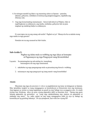 21
4. Sa tulungan marahil ng lahat o ng maraming sektor sa lipunan – paaralan,
tahanan, gobyerno, simbahan at institusyong pangkawanggawa, napababa ang
illiteracy rate.
5. Ang mga konsernadong mamamayan – bawat individwal na Pilipino, lider at
naglilingkuran sa edukasyon, ang media, simbahan, gobyerno lalo na para
maglaan ng malaking badyet sa edukasyon.
O, ayan tapos mo na ang unang sub-aralin! Pagbati sa iyo! Masaya ka ba sa nakuha mong
mga marka sa mga gawain?
Simulan mo na ang susunod na Sub-Aralin.
Sub-Aralin 2:
Pagbuo ng talata mula sa webbing ng mga ideya at konsepto
at Pagsasaayos ng mga Pangyayari nang Kronolohikal
Layunin: Sa pamamagitan ng sub-araling ito, inaasahang
maisasagawa mo ang mga sumusunod:
1. nakabubuo ng mga pangungusap mula sa presentasyong biswal o webbing
2. naisasaayos ang mga pangyayari ng isang narativ nang kronolohikal
Alamin
Mayaman ang mga documentary tv shows sa paglalarawan ng tunay na kalagayan sa lipunan.
May ipinalabas tungkol sa isang manggagawa sa konstruksyon at ikinuwento niya ang karanasan.
Ang tagpuan ay mismo sa isang napakataas na gusali na may bahagi siya sa paggawa nito. At sinabi
niyang may bruskong sikyo na ayaw siyang papasukin dahil sa kasuotan niya. Tipong ang gusto
lamang papasukin ng guwardiya ay ‘yung mga nakakurbatang may maayos na pananamit at
mabango ang amoy! Ay, naku, paano na ang isang manggagawa kahit na siya ay bahagi ng
konstruksyon ng gusaling nakatayo. Di siya pinapasok, kasi wala raw siyang ID!
 