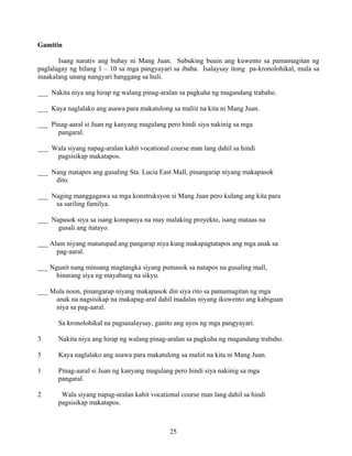 25
Gamitin
Isang narativ ang buhay ni Mang Juan. Subuking buuin ang kuwento sa pamamagitan ng
paglalagay ng bilang 1 – 10 sa mga pangyayari sa ibaba. Isalaysay itong pa-kronolohikal, mula sa
inaakalang unang nangyari hanggang sa huli.
___ Nakita niya ang hirap ng walang pinag-aralan sa pagkuha ng magandang trabaho.
___ Kaya naglalako ang asawa para makatulong sa maliit na kita ni Mang Juan.
___ Pinag-aaral si Juan ng kanyang magulang pero hindi siya nakinig sa mga
pangaral.
___ Wala siyang napag-aralan kahit vocational course man lang dahil sa hindi
pagsisikap makatapos.
___ Nang matapos ang gusaling Sta. Lucia East Mall, pinangarap niyang makapasok
dito.
___ Naging manggagawa sa mga konstruksyon si Mang Juan pero kulang ang kita para
sa sariling familya.
___ Napasok siya sa isang kompanya na may malaking proyekto, isang mataas na
gusali ang itatayo.
___ Alam niyang matutupad ang pangarap niya kung makapagtatapos ang mga anak sa
pag-aaral.
___ Ngunit nang minsang magtangka siyang pumasok sa natapos na gusaling mall,
hinarang siya ng mayabang na sikyu.
___ Mula noon, pinangarap niyang makapasok din siya rito sa pamamagitan ng mga
anak na nagsisikap na makapag-aral dahil madalas niyang ikuwento ang kabiguan
niya sa pag-aaral.
Sa kronolohikal na pagsasalaysay, ganito ang ayos ng mga pangyayari.
3 Nakita niya ang hirap ng walang pinag-aralan sa pagkuha ng magandang trabaho.
5 Kaya naglalako ang asawa para makatulong sa maliit na kita ni Mang Juan.
1 Pinag-aaral si Juan ng kanyang magulang pero hindi siya nakinig sa mga
pangaral.
2 Wala siyang napag-aralan kahit vocational course man lang dahil sa hindi
pagsisikap makatapos.
 