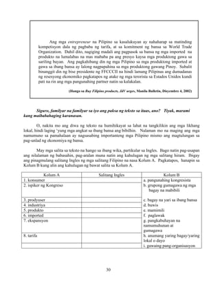 30
Ang mga entrepreneur na Pilipino sa kasalukuyan ay nahaharap sa matinding
kompetisyon dala ng pagbaba ng tarifa, at sa komitment ng bansa sa World Trade
Organization. Dahil dito, nagiging madali ang pagpasok sa bansa ng mga imported na
produkto na lumalabas na mas mababa pa ang presyo kaysa mga produktong gawa sa
sariling bayan. Ang pagkahibang din ng mga Pilipino sa mga produktong imported at
gawa sa ibang bansa ay lalong nagpapahina sa mga produktong gawang Pinoy. Subalit
binanggit din ng bise presidente ng FFCCCII na hindi lamang Pilipinas ang dumadanas
ng resesyong ekonomiko pagkatapos ng atake ng mga terorista sa Estados Unidos kundi
pati na rin ang mga pangunahing partner natin sa kalakalan.
(Hango sa Buy Filipino products, JdV urges, Manila Bulletin, Disyembre 4, 2002)
Siguro, familyar na familyar sa iyo ang paksa ng teksto sa itaas, ano? Tiyak, marami
kang maibabahaging karanasan.
O, nakita mo ang diwa ng teksto na humihikayat sa lahat na tangkilikin ang mga likhang
lokal, hindi laging ‘yung mga angkat sa ibang bansa ang bibilhin. Nalaman mo na maging ang mga
namumuno sa pamahalaan ay nagsasabing importanteng mga Pilipino mismo ang magtulungan sa
pag-unlad ng ekonomiya ng bansa.
May mga salita sa teksto na hango sa ibang wika, partikular sa Ingles. Bago natin pag-usapan
ang nilalaman ng babasahin, pag-aralan muna natin ang kahulugan ng mga salitang hiram. Ibigay
ang pinagmulang salitang Ingles ng mga salitang Filipino na nasa Kolum A. Pagkatapos, hanapin sa
Kolum B kung alin ang kahulugan ng bawat salita sa Kolum A.
Kolum A Salitang Ingles Kolum B
1. konsumer a. pangunahing kongresista
2. ispiker ng Kongreso b. grupong gumagawa ng mga
bagay na mabibili
3. prodyuser c. bagay na yari sa ibang bansa
4. industriya d. buwis
5. produkto e. mamimili
6. imported f. paglawak
7. ekspansyon g. pangkabuhayan na
namumuhunan at
gumagawa
8. tarifa h. anumang yaring bagay/yaring
lokal o dayo
i. gawaing pang-organisasyon
 