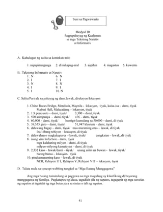 41
Modyul 10
Pagpapahayag ng Kaalaman
sa mga Tekstong Narativ
at Informativ
A. Kahulugan ng salita sa konteksto nito
1. napapatunganga 2. di nakapag-aral 3. aapihin 4. magastos 5. kuwento
B. Tekstong Informativ at Narativ
1. N 6. N
2. I 7. I
3. N 8. N
4. I 9. I
5. I 10. N
C. Salita/Parirala sa pahayag ng dami.lawak, direksyon/lokasyon
1. Chino Roces Bridge, Mendiola, Maynila - lokasyon, tiyak, kaisa-isa – dami, tiyak
Mabini Hall, Malacañang – lokasyon, tiyak
2. 1.9 porsyento – dami, tiyak/ 3,300 – dami, tiyak
3. 500 kumpanya - dami, tiyak/ 476 – dami, tiyak
4. 60,000 – dami, tiyak/ humigit-kumulang sa 50,000 – dami, di tiyak
5. 39,535 guro – dami, tiyak/ 51,947 klasrum – dami, tiyak
6. dalawang bagay – dami, tiyak/ mas maraming oras – lawak, di tiyak
iba’t ibang rehiyon – lokasyon, di tiyak
7. dalawahan o magkakapares – lawak, tiyak/ pangkatan – lawak, di tiyak
8. isang viral infection – dami, tiyak
mga kalahating milyon – dami, di tiyak
milyun-milyong kamatayan – dami, di tiyak
9. 2,332 kaso – lawak/dami – tiyak/ unang anim na buwan - lawak, tiyak/
buong bansa – lokasyon, tiyak
10. pinakamaraming kaso – lawak, di tiyak
NCR, Rehiyon 111, Rehiyon V, Rehiyon V11 – lokasyon, tiyak
D. Talata mula sa concept webbing tungkol sa “Mga Batang Manggagawa”
Ang mga batang tumutulong sa paggawa sa mga magulang ay klasifikong di bayarang
manggagawa ng familya. Pagkatapos ng klase, tagadikit sila ng sapatos, tagagupit ng mga suwelas
ng sapatos at tagatahi ng mga butas para sa sintas o tali ng sapatos.
Susi sa Pagwawasto
 