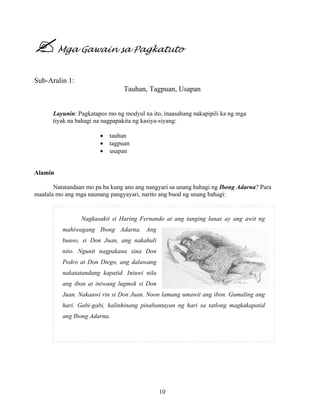 10
Mga Gawain sa Pagkatuto
Sub-Aralin 1:
Tauhan, Tagpuan, Usapan
Layunin: Pagkatapos mo ng modyul na ito, inaasahang nakapipili ka ng mga
tiyak na bahagi na nagpapakita ng kasiya-siyang:
• tauhan
• tagpuan
• usapan
Alamin
Natatandaan mo pa ba kung ano ang nangyari sa unang bahagi ng Ibong Adarna? Para
maalala mo ang mga naunang pangyayari, narito ang buod ng unang bahagi:
Nagkasakit si Haring Fernando at ang tanging lunas ay ang awit ng
mahiwagang Ibong Adarna. Ang
bunso, si Don Juan, ang nakahuli
nito. Ngunit nagpakana sina Don
Pedro at Don Diego, ang dalawang
nakatatandang kapatid. Iniuwi nila
ang ibon at iniwang lugmok si Don
Juan. Nakauwi rin si Don Juan. Noon lamang umawit ang ibon. Gumaling ang
hari. Gabi-gabi, halinhinang pinabantayan ng hari sa tatlong magkakapatid
ang Ibong Adarna.
 