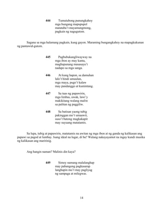 14
444 Tumutubong punungkahoy
mga bungang mapupupol
matataba’t mayamungmong,
pagkain ng nagugutom.
Sagana sa mga halamang pagkain, kung gayon. Maraming bungangkahoy na mapagkukunan
ng pantawid-gutom.
445 Pagbubukangliwayway na
mga ibon ay may kanta,
maghapunang masasaya’t
nadapo sa mga sanga.
446 At kung hapon, sa damuhan
lalo’t hindi umuulan,
mga maya, pugo’t kalaw
may pandanggo at kumintang.
447 Sa taas ng papawirin,
mga limbas, uwak, lawi’y
makikitang walang maliw
sa palitan ng paggiliw.
448 Sa batisan yaong tubig
pakinggan mo’t umaawit,
suso’t batong magkakapit
may suyuang matatamis.
Sa lupa, tubig at papawirin, matatamis na awitan ng mga ibon at ng ganda ng kalikasan ang
papawi sa pagod at lumbay. Isang ideal na lugar, di ba? Walang nakayayamot na ingay kundi musika
ng kalikasan ang maririnig.
Ang hangin naman? Malinis din kaya?
449 Simoy namang malalanghap
may pabangong pagkasarap
langhapin mo’t may pagliyag
ng sampaga at milegwas.
 