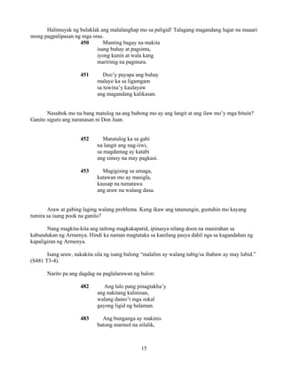 15
Halimuyak ng bulaklak ang malalanghap mo sa paligid! Talagang magandang lugar na maaari
mong pagpalipasan ng mga oras.
450 Munting bagay na makita
isang buhay at pagsinta,
iyong kunin at wala kang
maririnig na pagmura.
451 Doo’y payapa ang buhay
malayo ka sa ligamgam
sa tuwina’y kaulayaw
ang magandang kalikasan.
Nasubok mo na bang matulog na ang bubong mo ay ang langit at ang ilaw mo’y mga bituin?
Ganito siguro ang naranasan ni Don Juan.
452 Matutulog ka sa gabi
na langit ang nag-iiwi,
sa magdamag ay katabi
ang simoy na may pagkasi.
453 Magigising sa umaga,
katawan mo ay masigla,
kausap na tumatawa
ang araw na walang dusa.
Araw at gabing laging walang problema. Kung ikaw ang tatanungin, gustuhin mo kayang
tumira sa isang pook na ganito?
Nang magkita-kita ang tatlong magkakapatid, ipinasya nilang doon na manirahan sa
kabundukan ng Armenya. Hindi ka naman magtataka sa kanilang pasya dahil nga sa kagandahan ng
kapaligiran ng Armenya.
Isang araw, nakakita sila ng isang balong “malalim ay walang tubig/sa ibabaw ay may lubid.”
(S481 T3-4).
Narito pa ang dagdag na paglalarawan ng balon:
482 Ang lalo pang pinagtakha’y
ang nakitang kalinisan,
walang damo’t mga sukal
gayong ligid ng halaman.
483 Ang bunganga ay makinis
batong marmol na nilalik,
 
