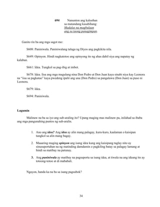 34
694 Nanunton ang kalooban
sa matandang kasabihang:
Madalas na magbulaan
ang sa taong panagimpan.
Ganito rin ba ang mga sagot mo:
S608: Paniniwala. Paniniwalang talaga ng Diyos ang pagkikita nila.
S649: Opinyon. Hindi nagkatotoo ang opinyong ito ng ahas dahil siya ang napatay ng
kalaban.
S661: Idea. Tungkol sa pag-ibig at imbot.
S678: Idea. Iisa ang mga magulang nina Don Pedro at Don Juan kaya sinabi niya kay Leonora
na “iisa sa pagkatao” kaya pwedeng ipalit ang una (Don Pedro) sa pangalawa (Don Juan) sa puso ni
Leonora.
S679: Idea.
S694: Paniniwala.
Lagumin
Malinaw na ba sa iyo ang sub-araling ito? Upang maging mas malinaw pa, inilahad sa ibaba
ang mga pangunahing puntos ng sub-aralin.
1. Ano ang idea? Ang idea ay alin mang palagay, kuru-kuro, kaalaman o kaisipan
tungkol sa alin mang bagay.
2. Maaaring maging opinyon ang isang idea kung ang kaisipang taglay nito ay
sinusuportahan na ng matinding damdamin o pagkiling batay sa palagay lamang at
hindi sa matibay na patunay.
3. Ang paniniwala ay matibay na pagsuporta sa isang idea, at tiwala na ang ideang ito ay
totoong-totoo at di mababali.
Ngayon, handa ka na ba sa isang pagsubok?
 